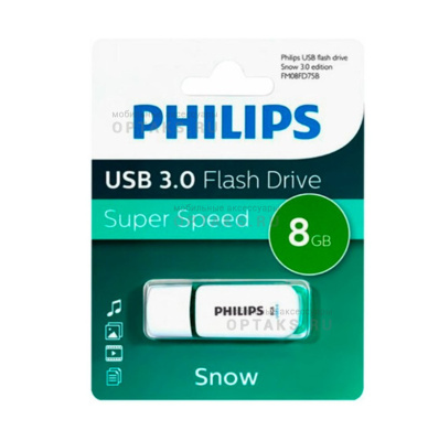 Флешка USB 8 Гб Philips SNOW3.0, USB3.0, белый, зеленая вставка